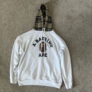 Bape white hoodie with flannel hood